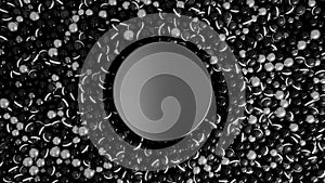 3D falling dark grey balls into the abstract reservoir with many black small spheres with white stripes. Animation. Flat