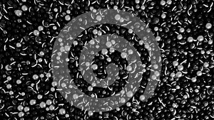 3D falling dark grey balls into the abstract reservoir with many black small spheres with white stripes. Animation. Flat