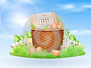 3d farm eggs, fresh chicken products composition on land. Happy morning basket for breakfast, realistic organic eggshell