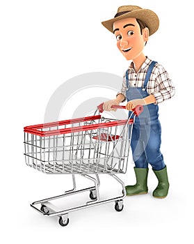 3d farmer pushing supermarket trolley