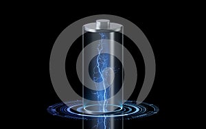 3D fast charge battery on black background, energy technology concept, 3d rendering