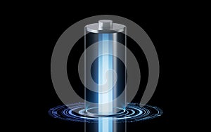 3D fast charge battery on black background, energy technology concept, 3d rendering