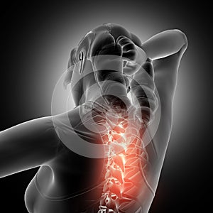 3D female figure holding neck with spine highlighted