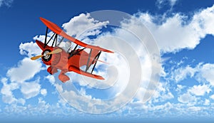 3D figure flying biplane in blue sky