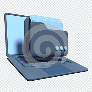 3d file folder on laptop screen. Laptop and files. Document folder. Storage share data. 3d rendering illustration