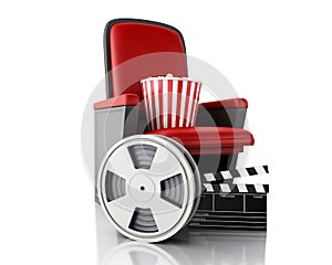 3d Film reel, popcorn and Cinema clapper board on theater seat.