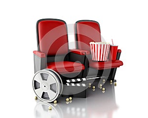 3d Film reel, popcorn and Cinema clapper board on theater seat.