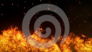 3D fire and Burning embers glowing. Fire Glowing Particles on Black Background