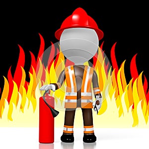 3D fireman with extinguisher, flames in background