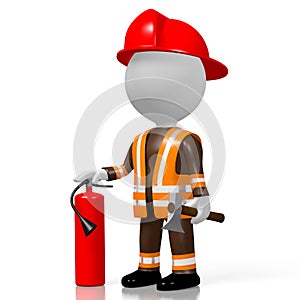 3D fireman with extinguisher, white background