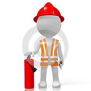 3D fireman with extinguisher, white background