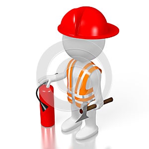 3D fireman with extinguisher, white background