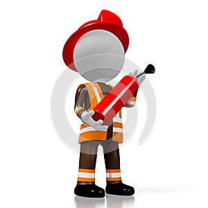 3D fireman holding fire extinguisher, white background