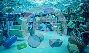 3d flooded warehouse interior background