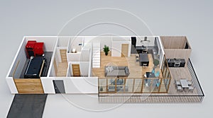 Tridimensionale piano,isometrico da casa box auto,terrazza,ponte,esterno la cucina un scala sul tipi pavimento 