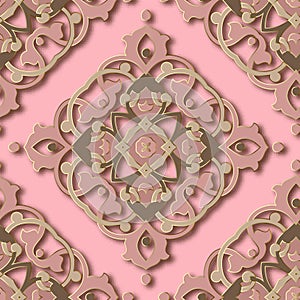 3d floral Damask seamless pattern. Arabesque ornamental pink vector background. Grunge repeat backdrop. Vintage  flowers ornaments