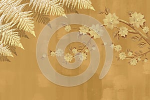 3d floral mural wallpaper with light simple orange background.  flowers and leaves. wall decor