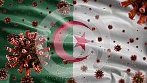 3D, Flu coronavirus floating over Algerian flag. Argelia and pandemic Covid 19 photo