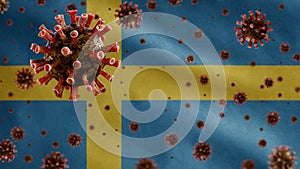 3D, Flu coronavirus floating over Sweden flag. Swedish and pandemic Covid 19