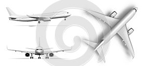 3D Flying Airplane, Jet Aircraft. Top, Front, Side photo