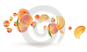 3d flying peaches on white. Vector realistic illustration