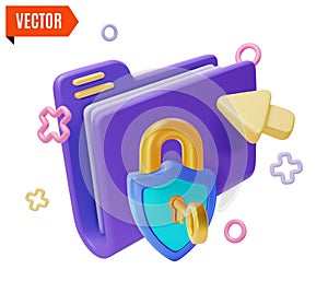 3d Folder Interface Element and Padlock Data Security Concept Cartoon Design Style Concept. Vector