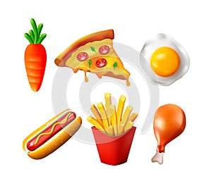 3d food icon set. Fast food realistic cartoon render vector collection with pizza, chicken leg, egg, fried potatoes