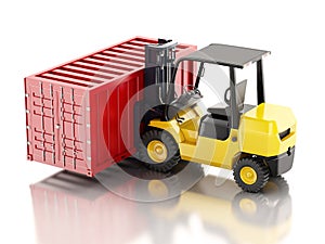 3d Forklift carrying a cargo container. Industry concept.