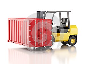 3d Forklift carrying a cargo container. Industry concept.