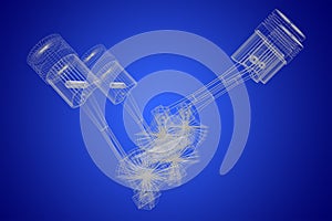 3D four-cylinder car engine, blueprint, wireframe