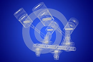 3D four-cylinder car engine, blueprint, wireframe
