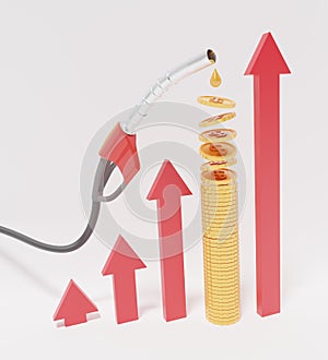 3D of Fuel dispenser on golden dollar coins stack graph concept.   fuel nozzle as graph of rising oil prices Crude Oil Growth from