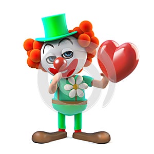 3d Funny cartoon clown character holding a red heart