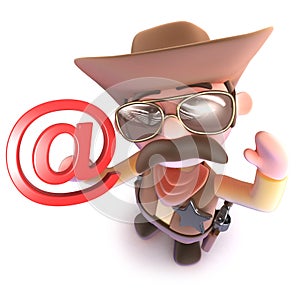 3d Funny cartoon cowboy sheriff character holding an email address symbol