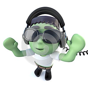 3d Funny cartoon frankenstein monster character wearing headphones to listen to music