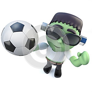 3d Funny cartoon frankenstein monster holding a soccer ball