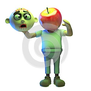 3d funny cartoon Halloween zombie has swapped his head for an apple photo