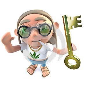 3d Funny cartoon hippy stoner character holding a gold key symbolising success