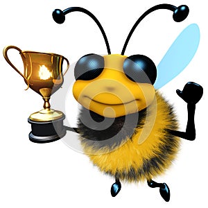 3d Funny cartoon honey bee character holding a gold cup trophy