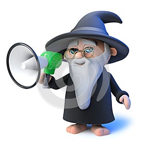 3d Funny cartoon wizard magician speaking through a megaphone loudhailer photo