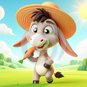 3D funny donkey cartoon eating a carrot. Fun animais for children's illustrations. AI generated