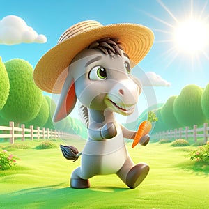 3D funny donkey cartoon eating a carrot. Fun animais for children\'s illustrations. AI generated photo