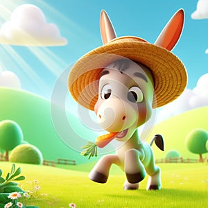 3D funny donkey cartoon eating a carrot. Fun animais for children\'s illustrations. AI generated photo