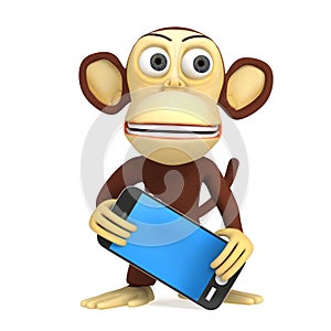 3d funny monkey with smart phone