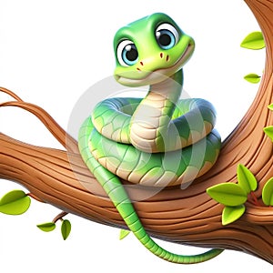 3D funny snake cartoon on a tree branch