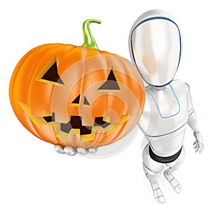 3D Humanoid robot with a big pumpkin. Halloween photo