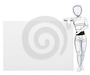 3D Humanoid robot leaning on a blank poster photo