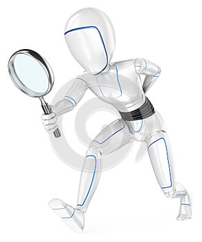 3D Humanoid robot looking for with a magnifying glass photo