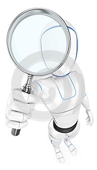 3D Humanoid robot with a magnifying glass photo