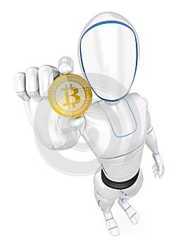 3D Humanoid robot mining a cryptocurrency bitcoin photo
